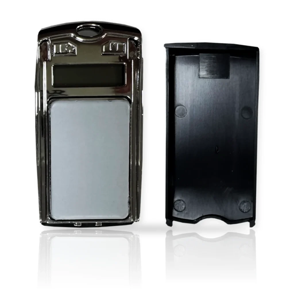 Balanza digital llavero abierta con display, plataforma y tapa